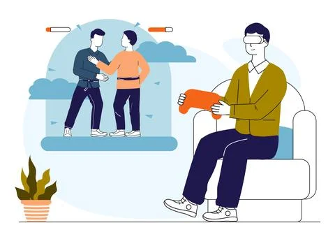 Man with vr game. Young guy in virtual reality glasses with joystick Stock Illustration