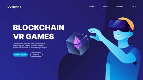A man in VR glasses found a box with cryptocurrency. Blockchain VR Games. P2E Stock Illustration