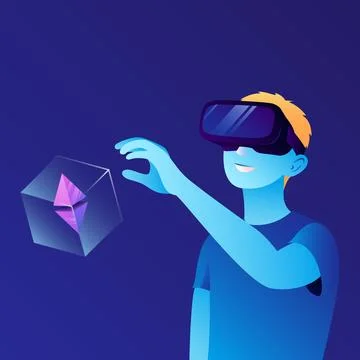 A man in VR glasses found a box with cryptocurrency. Blockchain VR Games. P2E Stock Illustration