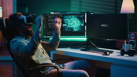 Man with VR glasses on happy after achieving AI superintelligence, Stock Footage 267046643