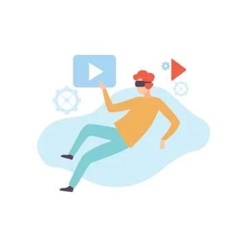 Man in VR Glasses Headset Using Touching Virtual Reality Interface, Modern Illustrazione stock