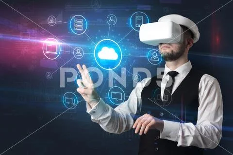 Man in vr glasses with social media concept icons Stock Photos