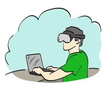 Man with vr glasses using laptop computer illustration vector hand drawn 스톡 일러스트
