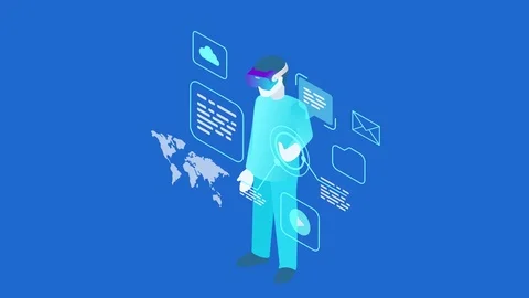 Man in VR glasses working HUD holographic interface seamless looping animated Видео 96234417