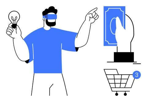Man with VR headset and lightbulb pointing at virtual shopping cart and pay.. Stock Illustration