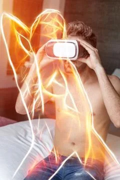 Man with VR headset foreplay with digital woman Stock Photos