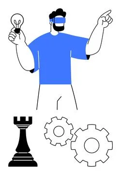 Man with VR Headset Holding a Lightbulb, Pointing Forward, Surrounded by a .. Stockillustratie