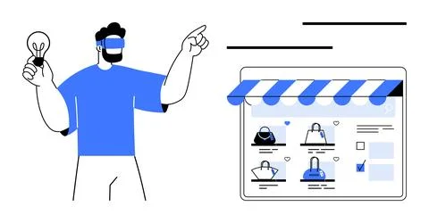 Man with VR headset holding lightbulb points at online store interface displa Stock Illustration