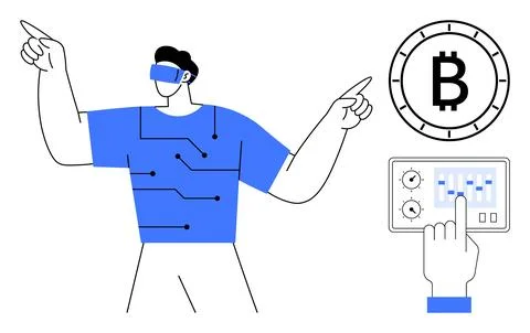 Man with VR headset interacting with bitcoin exchange interface and blockch.. Illustrazione stock