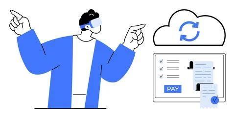 Man with VR headset interacting with cloud-based payment system and transac.. Stock Illustration