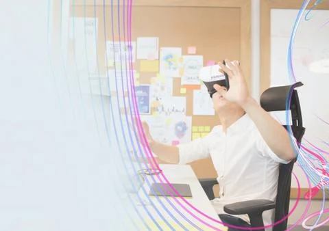Man in VR headset looking at interface with clouds Stock Photos