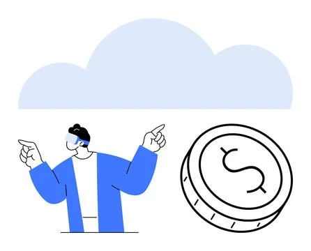 Man with VR Headset Pointing at Coin Under Cloud Background Representing Di.. 스톡 일러스트