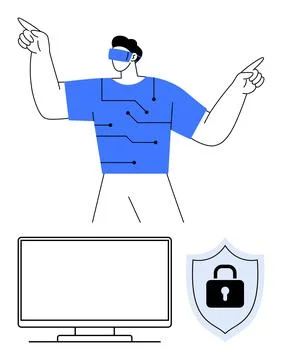 Man with VR headset pointing up next to monitor and shield with padlock rep.. Stock Illustration