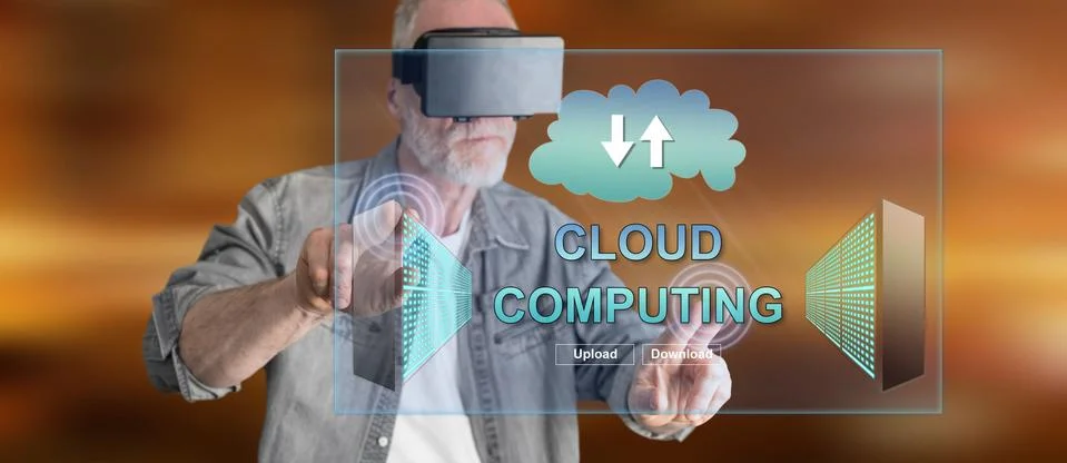 Man with VR headset touching a cloud computing concept on a touch screen Stock Photos