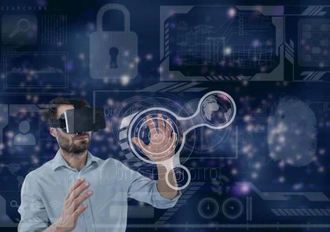 Man in VR headset touching interface against purple interface background Stockfoto's