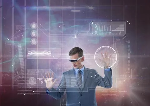 Man in VR headset touching interface against galaxy and city background Stock Photos