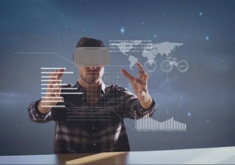 Man in VR headset touching interface against purple background 写真素材