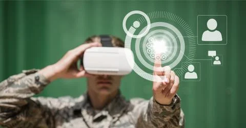 Man in VR headset touching interface with flare Fotos de archivo