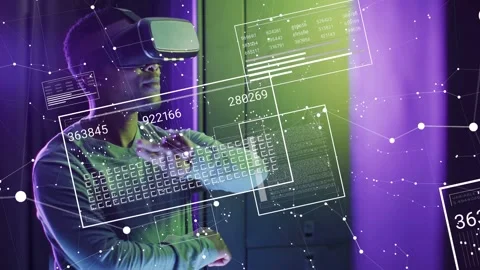 Man with VR headset uncrossing arms reaching in tech lab testing hologram panels Stock Footage 332523014