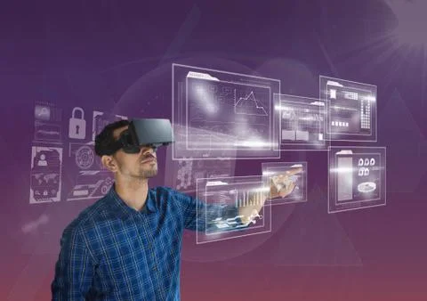 Man with vr headset using interface Stock Photos