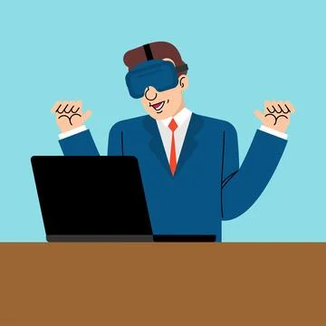 Man in VR headset working at a laptop. Concept of future work, immersive ex.. イラスト素材
