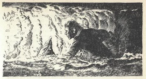 A man wades through water in a cave. Old black and white illustration. Vint.. Illustrazione stock