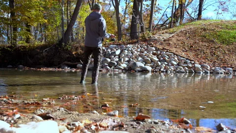 Man wading in a shallow river while fly fishing on early autumn day. Scene shows Vidéo 323461379