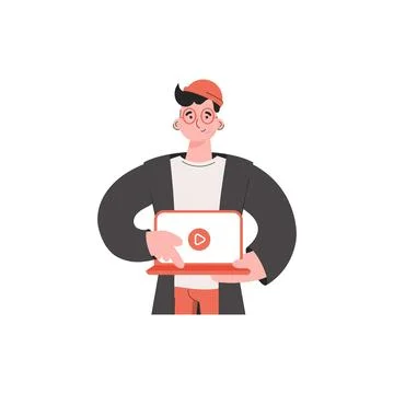 A man is waist-deep holding a computer in his hands. Isolated. Element for pr Stock Illustration