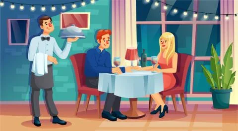 Man waiter serving table for guest at restaurant Stock-Illustration