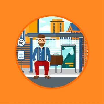 Man waiting for bus at the bus stop. Ilustração Stock