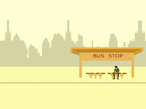 A man waiting for a bus at a bus stop with buildings background Stock Illustration