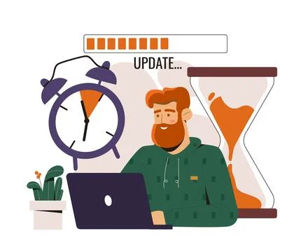 Man waiting during computer update. Vector illustration Illustrazione stock