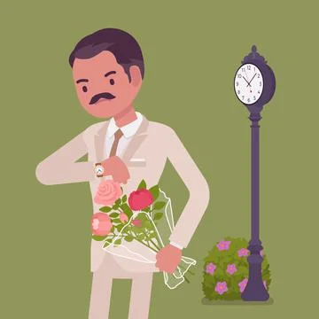 Man waiting at the romantic date, checking time Stock Illustration