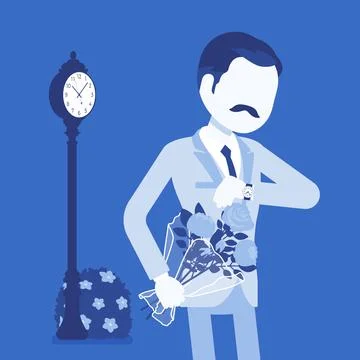 Man waiting at the romantic date, checking time Stock Illustration