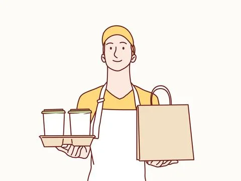 Man waitress serving order coffee and bag to customer simple korean style Stock Illustration