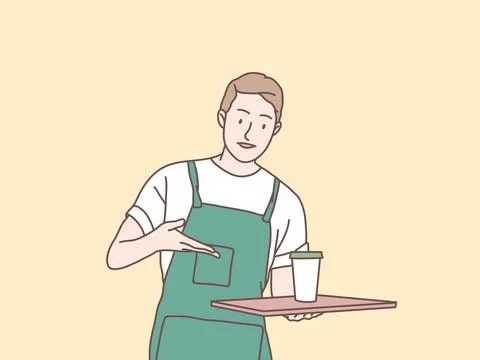 Man waitress with tray serving order coffee to customer simple korean style Stock Illustration