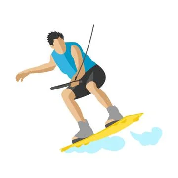 Man wakeboarding in action summer fun hobby water sport character vector Illustrazione stock