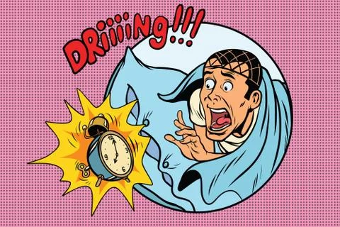 Man wakes up alarm clock Stock Illustration