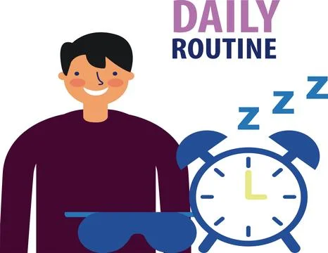 Man waking up early with alarm clock morning daily routine Illustration