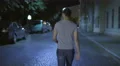 The man walk along the road. Night evening time. Wide angle. Real time capture 4k or 4k+ Resolution