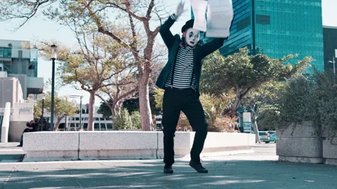 Man, walk and fall as street mime or performer with paper for circus and Stock Footage 270830002