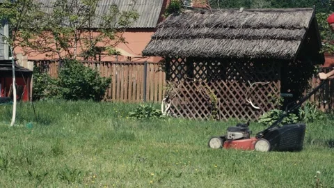 Man walk behind or push petrol lawnmower in backyard. Cutting grass by self Stock Footage 157235681