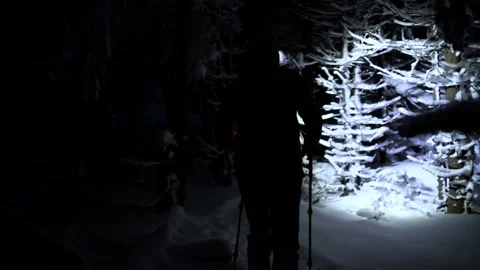 Man walk hiking through a dark snowy forest shining through headlamp Stock Footage 146972682
