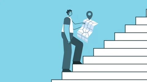 Man walk up the stairs with GPS Map. Career Growth and Direction Concepts. Flat Stock-Footage 156972305