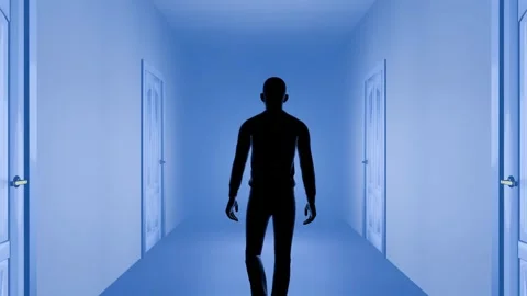 Man walk through the hall or tunnel of doors Stock Footage 284545120