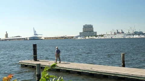 Man walking across dock to see view of harbor Stock Footage 81495214