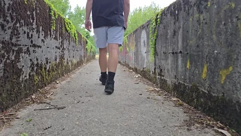 A man is walking across a small concrete with plants overgrown bridge. Short Stock Footage 346315184