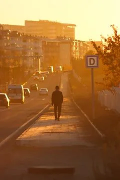 A man walking alone with his back turned at Sunset. Stock Photos