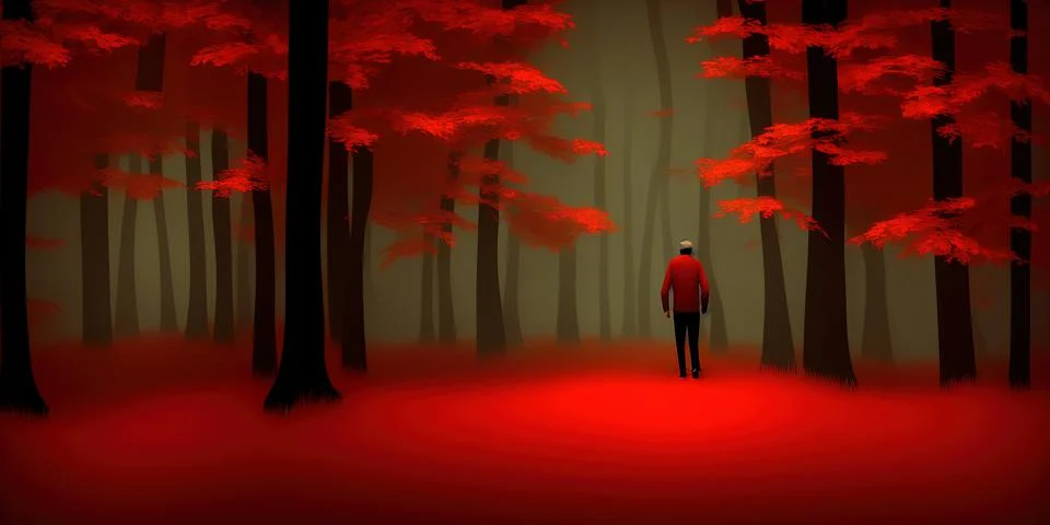 Man walking alone in magical dark orange red colored foggy wild forest landscape Stock Illustration