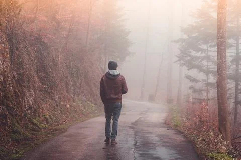 Man walking alone on a road through a foggy forest Stock Photos